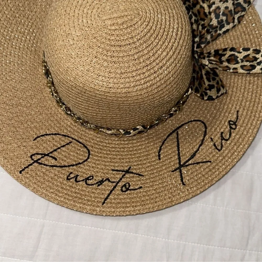 Tan Leopard Gold Tone Chain Scarf Puerto Rico Floppy Hat
